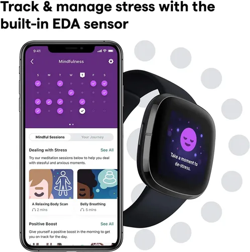 Miniatura 3 de Fitbit Sense Health & Fitness - Reloj inteligente con GPS, llamadas y mensajes de texto Bluetooth, frecuencia cardíaca SpO2, ECG, temperatura