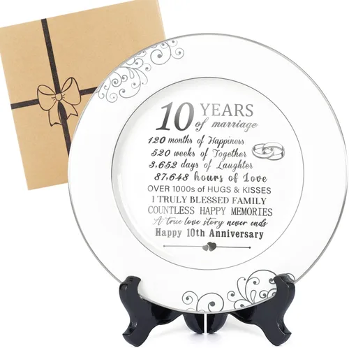 Urllinz Plato del 10º Aniversario con Decoraciones de Lámina de Platino - Regalos de Estaño de Boda de 10 Años para Ella Parejas Esposa Él Marido,