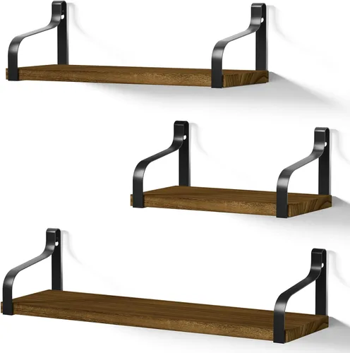 Miniatura 10 de Love-KANKEI Estantes flotantes montados en la pared de madera rústica, juego de 3 estantes para dormitorio, sala de estar, baño, cocina, color negro