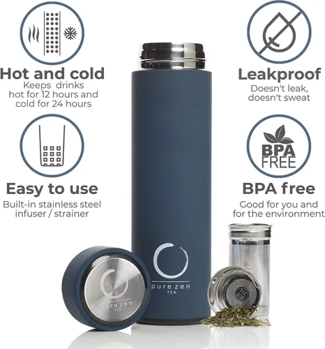 Miniatura 8 de Pure Zen Tea Botella de té de doble tapa de vidrio - Termo de té de acero inoxidable