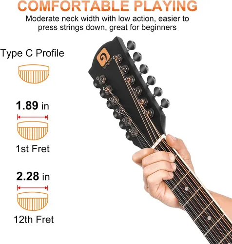 Miniatura 6 de Vangoa Guitarra acústica y eléctrica de 12 cuerdas para zurdos, corte Dreadnought de 42 pulgadas de tamaño completo, tapa de abeto y cuerpo