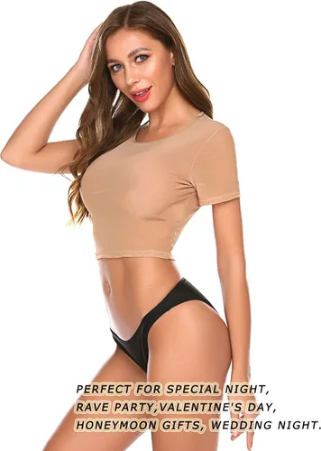 Miniatura 3 de Avidlove Camiseta corta de malla para mujer manga corta ajustada transparente cuello redondo ropa de club Blanco