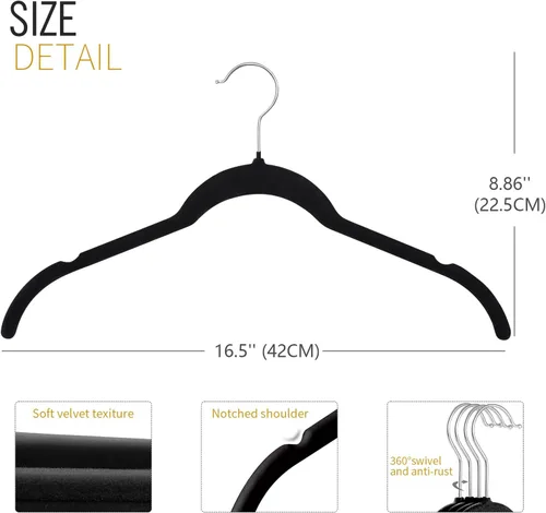 Miniatura 3 de ManGotree Perchas de terciopelo para mujer, perchas de 16.5 pulgadas con ranura para el hombro, perchas antideslizantes para ropa de vestir