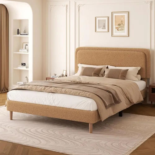 Miniatura 17 de Marco de cama tapizado Boucle de tamaño matrimonial con cabecera ajustable, cama de nube suave, no necesita somier, fácil montaje, sin ruido