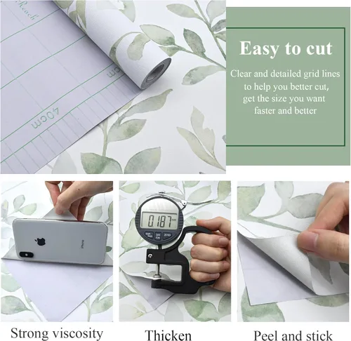 Miniatura 3 de MelunMer Papel tapiz moderno de hojas para despegar y pegar, papel de contacto verde bohemio para gabinetes, autoadhesivo, extraíble