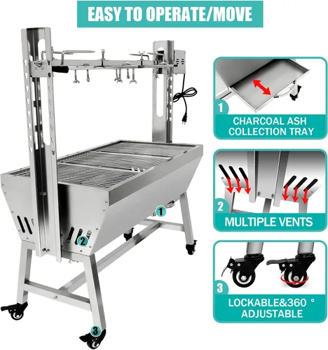 Miniatura 4 de Parrilla eléctrica con espetón de 37 pulgadas, soporte para asar cerdo y cordero con capacidad de 132 libras con altura ajustable, kit de parrilla