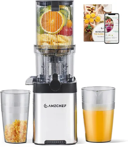Miniatura 10 de Exprimidor de prensa en frío con autoalimentación extra de 5.2 pulgadas para verduras y frutas enteras, extractor de jugo con barrena grande