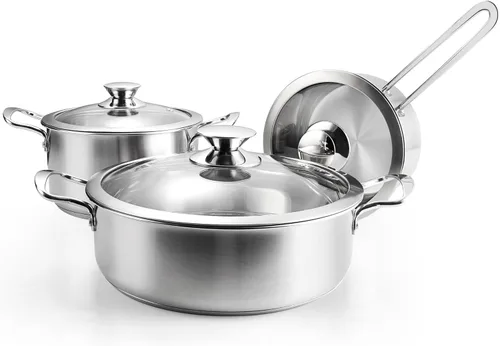 Juego de ollas y sartenes de acero inoxidable, juego de 6 piezas de utensilios de cocina de inducción con tapas de vidrio, funciona con cocinas de