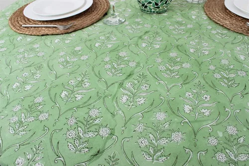 Miniatura 4 de Ridhi Mantel redondo con estampado de bloque a mano, 100% algodón, reutilizable, color verde pera de 132 pulgadas, mantel decorativo para uso diario