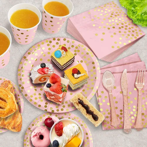 Miniatura 4 de AIRE 175 piezas platos de oro rosa suministros de fiesta sirve para 25 invitados decoraciones de fiesta desechables, tenedores cuchillos cucharas