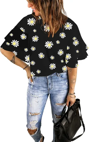 Miniatura 4 de luvamia Blusa estilo informal de mangas 34, acampanada y escalonada, cuello redondo, holgada, para mujer