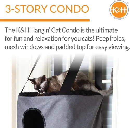 Miniatura 3 de K&H Pet Products Árbol colgante para gatos de 3 niveles, muebles para gatos montados en la puerta, ahorro de espacio, nivel de malla, agujeros