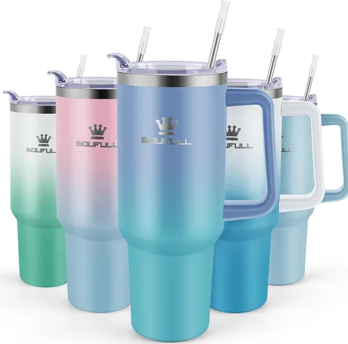 Miniatura 18 de Vaso de 40 onzas con asa y tapa con popote, taza de café de viaje 100% a prueba de fugas, taza aislada de acero inoxidable para bebidas frías