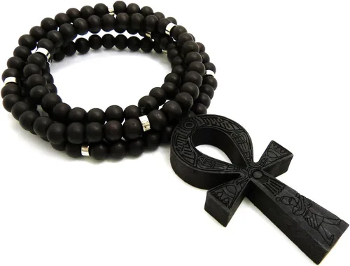 Miniatura 4 de Collar de cuentas de madera de 0.315in de 0.315in de 35.8in con diseño de llave de vida de Egipto, color negro, marrón