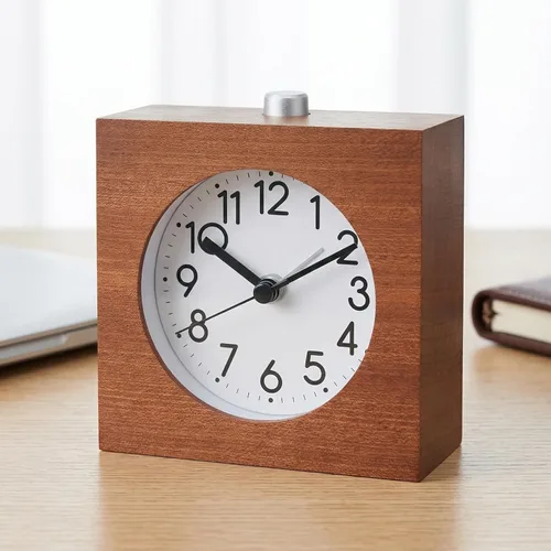 Miniatura 5 de Reloj despertador analógico de madera, cuerpo de madera sin tictac, silencioso, con función de repetición de luz nocturna, funciona