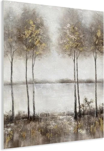 Miniatura 11 de Yihui Arts Arte de pared del paisaje del lago - Pintura rústica de granja en lienzo con árbol texturizado y acentos de lámina dorada