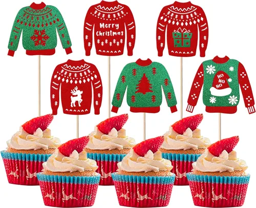 Miniatura 34 de Paquete de 24 Adornos para Cupcakes de Feliz Navidad, Adornos para Cupcakes para Revelación de Género, Adornos para Cupcakes de Árbol de Navidad, 5