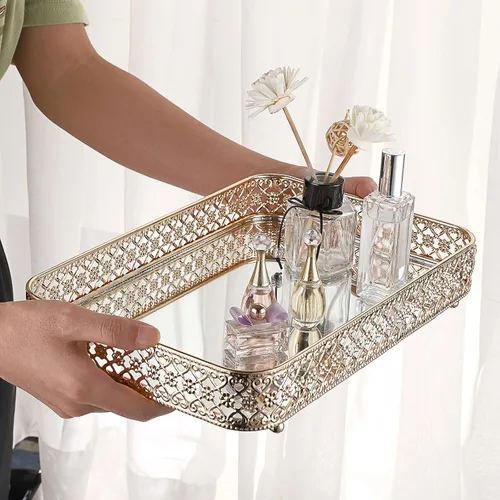 Miniatura 7 de ELLDOO - Bandeja para perfumes y maquillaje con hueco tallado, organizador de joyas y baratijas de vidrio y metal para cómoda y encimera de baño
