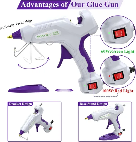 Miniatura 4 de MONVICT Pistola de pegamento caliente de tamaño completo, pistola de pegamento de doble temperatura de 60/100 W, soporte base resistente, kit