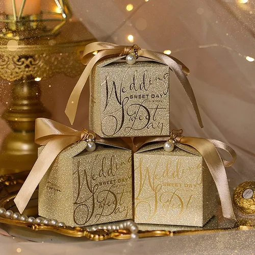 Miniatura 6 de STARSUP - 50 cajas de regalo de boda, caja de regalo de dulces dorados, caja de papel con cinta y pin de perlas para decoración de boda, regalo