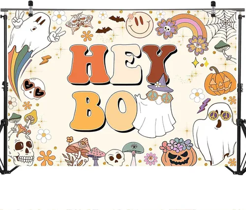 Miniatura 3 de Mocsicka Hey Boo - Telón de fondo Groovy para Halloween, baby shower, decoración de fiesta de bebé, fondo lindo de calabazas de Halloween, baby