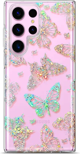 Funda transparente con purpurina para Galaxy S23 Ultra – 6.8 pulgadas, diseño de flores, diseño de mariposa de cristal, para mujeres y niñas,