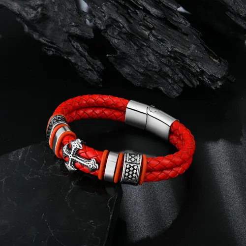 Miniatura 5 de Raymard Pulsera de cuero de doble fila cristiana para hombre - negrorojodorado y azul marino trenzado pulsera para hombres
