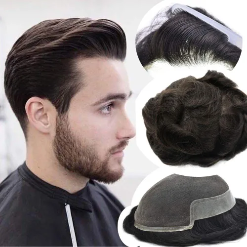 Miniatura 10 de Tupé de encaje suizo para hombres, piezas de cabello humano real, encaje frontal, sistema de reemplazo de cabello tipo tupé, nudo blanqueado, línea