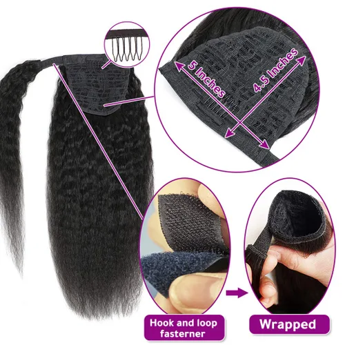 Miniatura 3 de Extensión de Cola de Caballo de Cabello Humano Kinky Recto con Pasta Mágica Envolvente de 30,48 cm, Cabello Natural Negro Brasileño, Extensiones
