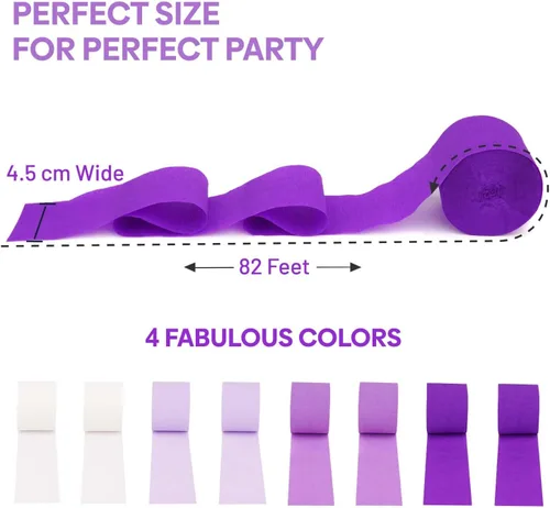 Miniatura 3 de 8 rollos de serpentinas moradas, paquete de 656 pies de papel crepé morado con blanco para decoraciones de fiestas, decoraciones de cumpleaños