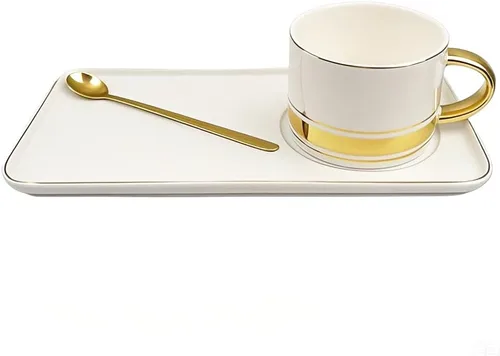 Miniatura 9 de Juego de 6 tazas de café de oro negro de 12 onzas, tazas de cerámica de porcelana con mango y borde dorados, apto para lavavajillas, regalo elegante
