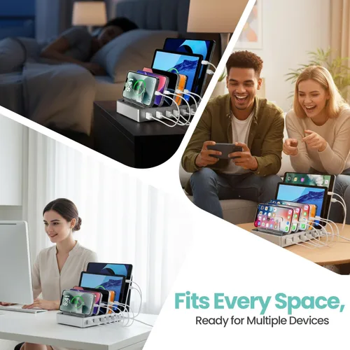 Miniatura 5 de Estación de carga rápida de 300 W para múltiples dispositivos, concentrador de carga USB de 6 puertos, organizador universal de cargador