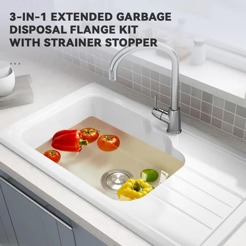 Miniatura 7 de KONE Brida extendida de eliminación de basura con colador y tapón, brida de fregadero extendida de acero inoxidable 304 profundo para drenaje