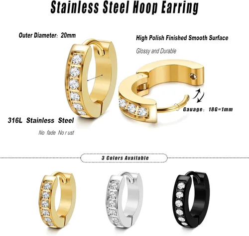Miniatura 2 de FIBO STEEL 13MM 20MM Stainless Steel Small Hoop Earrings for Men Women Huggie Earrings CZ Inlaid