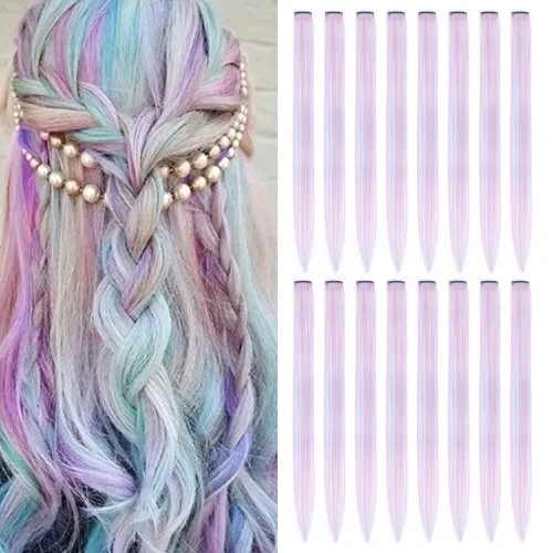 Miniatura 9 de 16 piezas de extensiones de cabello con clip de color púrpura, varios colores, para fiestas, clip en postizo sintético, para Halloween, cosplay