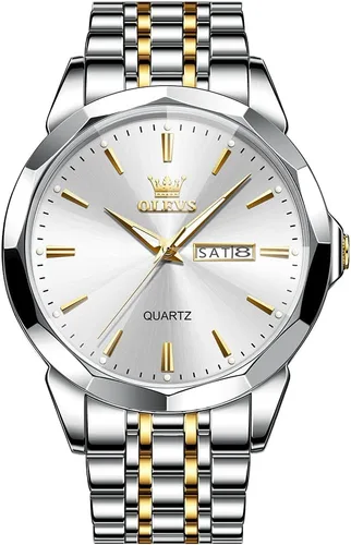 OLEVS Watch for Men Diamond Business Dress Analog Quartz Stainless Steel Waterproof Luminous Date Two Tone Luxury Casual Wrist Watch Blue