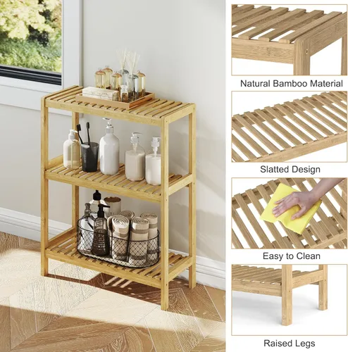Miniatura 5 de kinbor Estante de bambú multifuncional para baño, cocina, sala de estar, soporte para plantas y flores, estante de almacenamiento (3 niveles)
