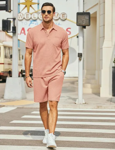 Miniatura 34 de COOFANDY Conjunto de camisa polo y pantalones cortos de punto gofre para hombre, conjunto de 2 piezas, traje de verano casual con bolsillos