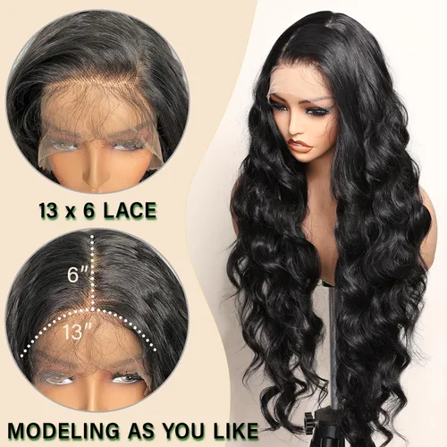 Miniatura 2 de SOKU Peluca negra de encaje frontal de 13 x 6 pulgadas, 32 pulgadas de largo, ligera, línea de cabello prearrancada con abuelitos, encaje suizo