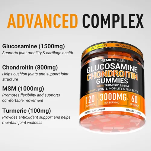 Miniatura 3 de Gomitas de condroitina de glucosamina para apoyo articular – 120 gomitas de glucosamina extra fuertes 3000 mg con MSM, cúrcuma, calcio, vitamina D3