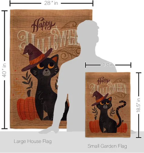 Miniatura 2 de Breeze Decor Juego de bandera de arpillera de gato brujo, decoración de calabaza, decoración de calabaza para otoño, Halloween, Halloween, bruja