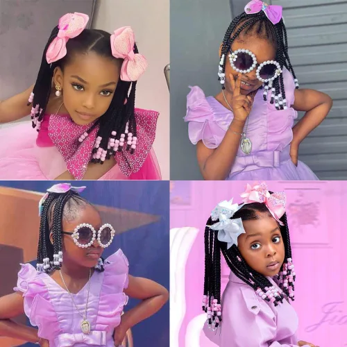 Miniatura 4 de Kid's Summer Paquete de 2 extensiones de cola de caballo para niños con cuentas, trenzas de caja, extensiones de cabello sintético para bebés, Rosa