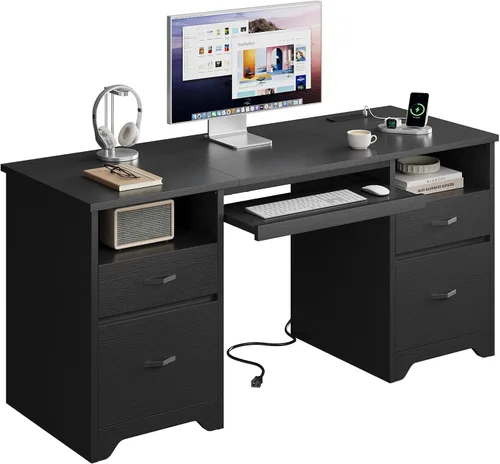 Miniatura 12 de Bestier Escritorio Ejecutivo de 77.8" de Alto con Estante Superior, Escritorio Moderno de Madera para Computadora con Cajones, Estación de Carga