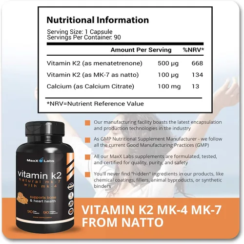 Miniatura 4 de Suplementos de vitamina K2 – Vitamina K2 de espectro completo MK7, MK4 y calcio – Vitamina K de alta resistencia funciona con vitamina D3 K2 5000 UI