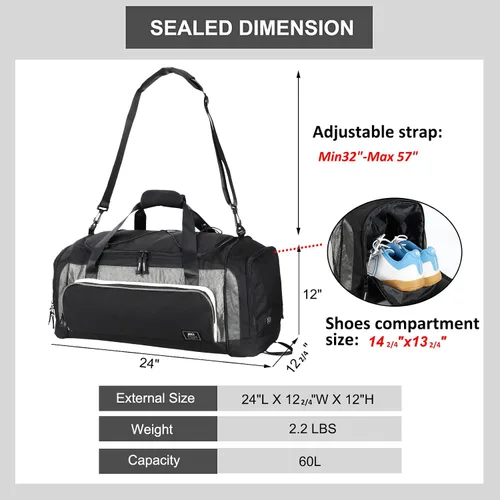 Miniatura 5 de MIER Bolsa de lona grande para hombre, bolsa de gimnasio con compartimento para zapatos, 60L