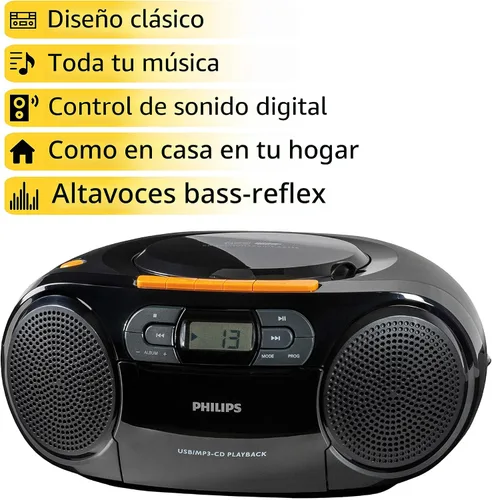 Miniatura 4 de Philips Reproductor de CD portátil Boombox - Reproductor de MP3 portátil y reproductor de cinta de casete, sistema de sonido estéreo compacto Boom