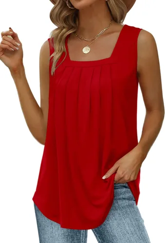 Miniatura 111 de Saloogoe - Camisetas sin mangas veraniegas para mujeres, plisadas con cuello cuadrado y dobladillo curvado, blusas de ajuste holgado con movimiento