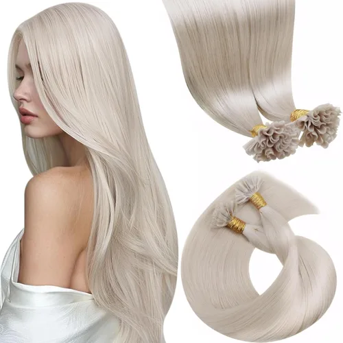 LaaVoo Extensiones de cabello humano con punta en U, color rubio platino, 20 pulgadas, extensiones de cabello humano real, color rubio Remy, 0.04