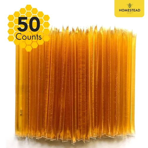 Miniatura 4 de Homestead Honey Paquete de 50 palitos de miel, paquetes de miel dulce pura de flores silvestres para té y aperitivos, pajitas edulcorantes naturales
