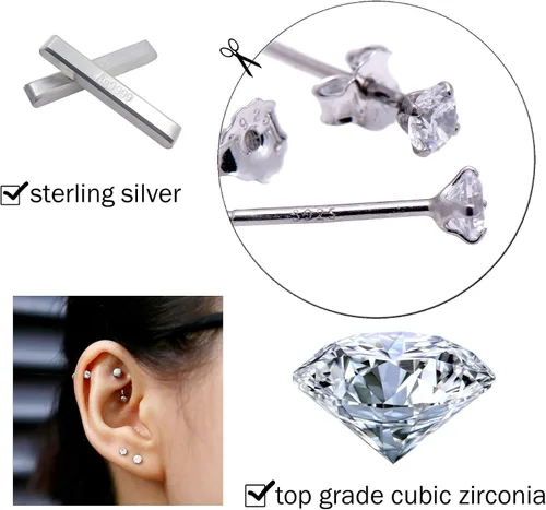 Miniatura 6 de Pendientes de tuerca de 3 mm con circonita cúbica pequeña y diamantes de plata de ley para perforación